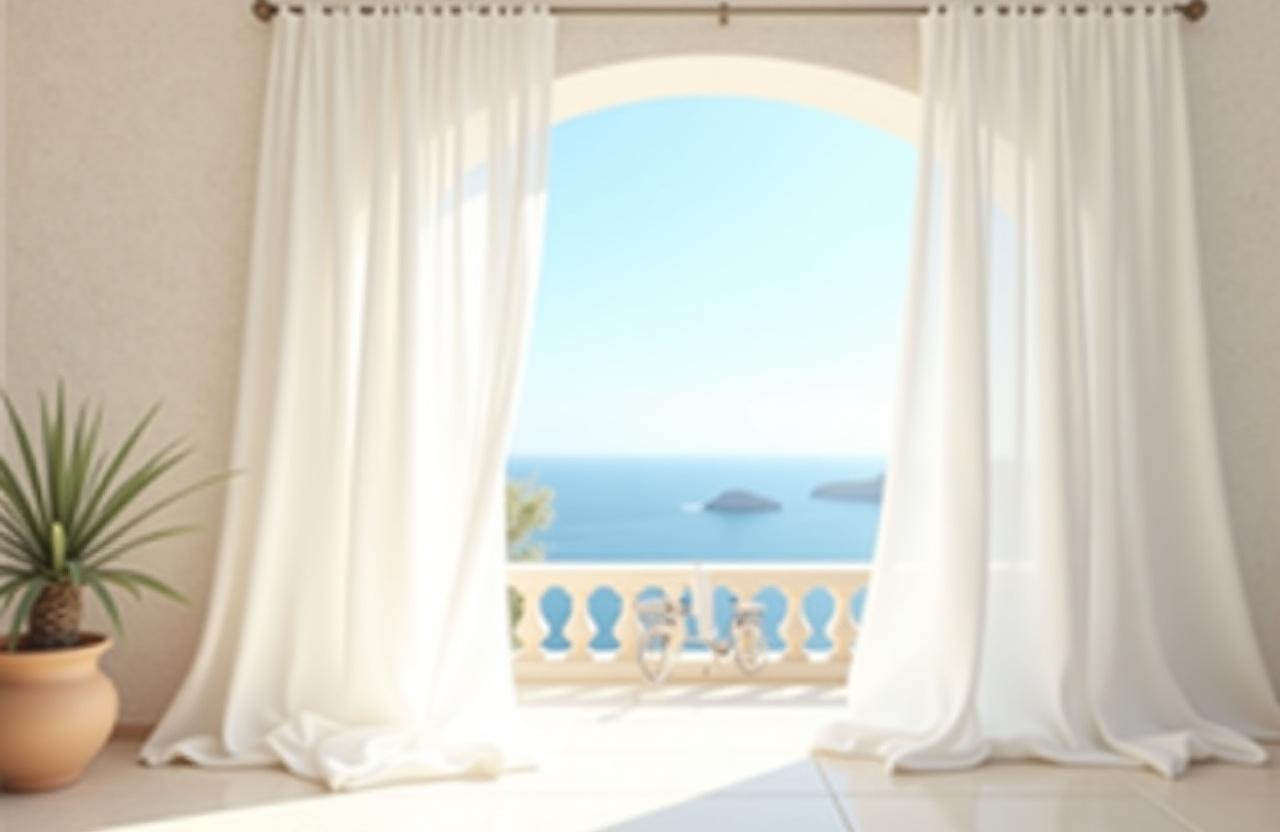 Cortinas de lino blanco en una villa mediterránea con vistas al mar